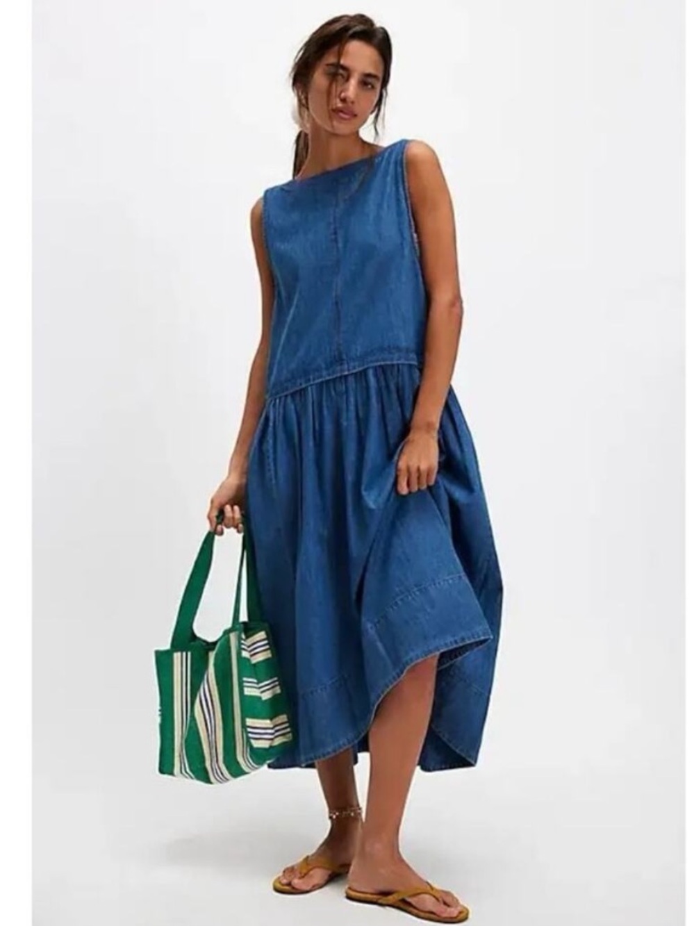 Free People Soraya Light Denim Sky Drop Waist Midi Jumper Dress - Picture 3 of 10